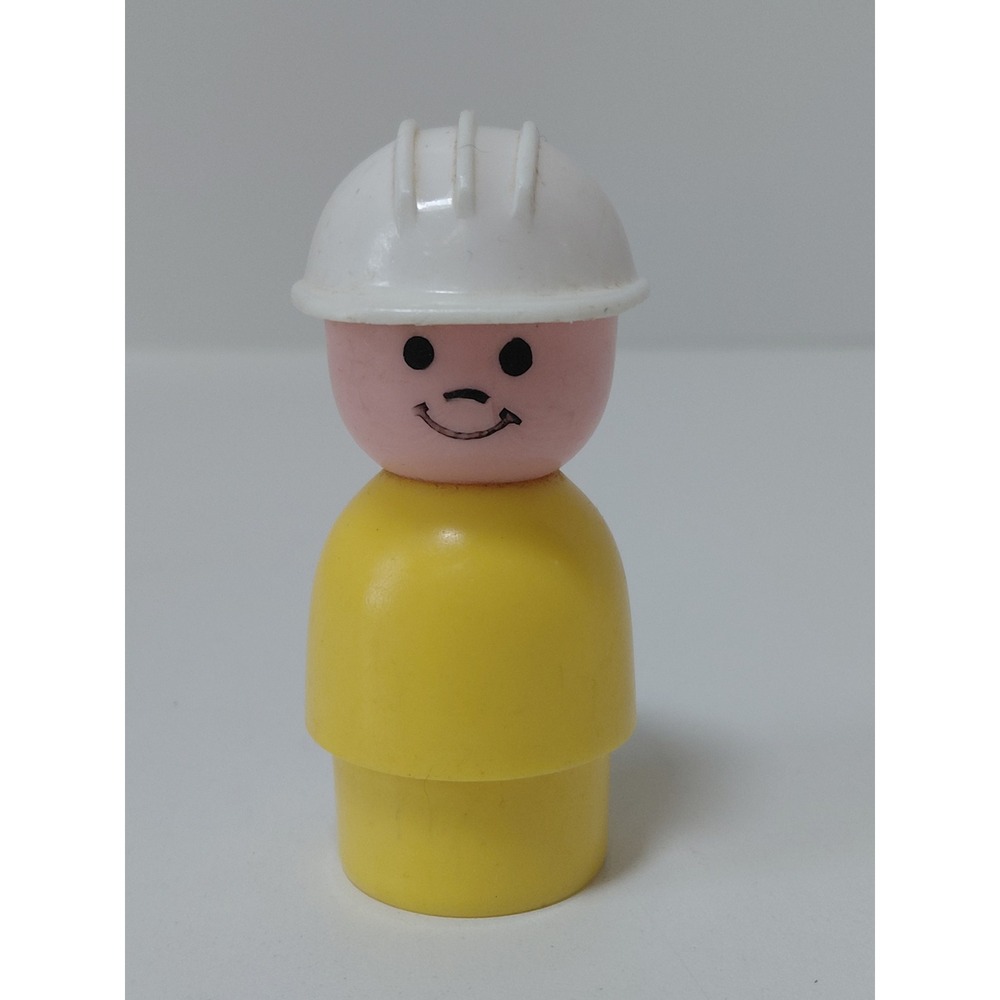 Fisher Price Little People Construction Worker Figure Yellow White Hard Hat VTG